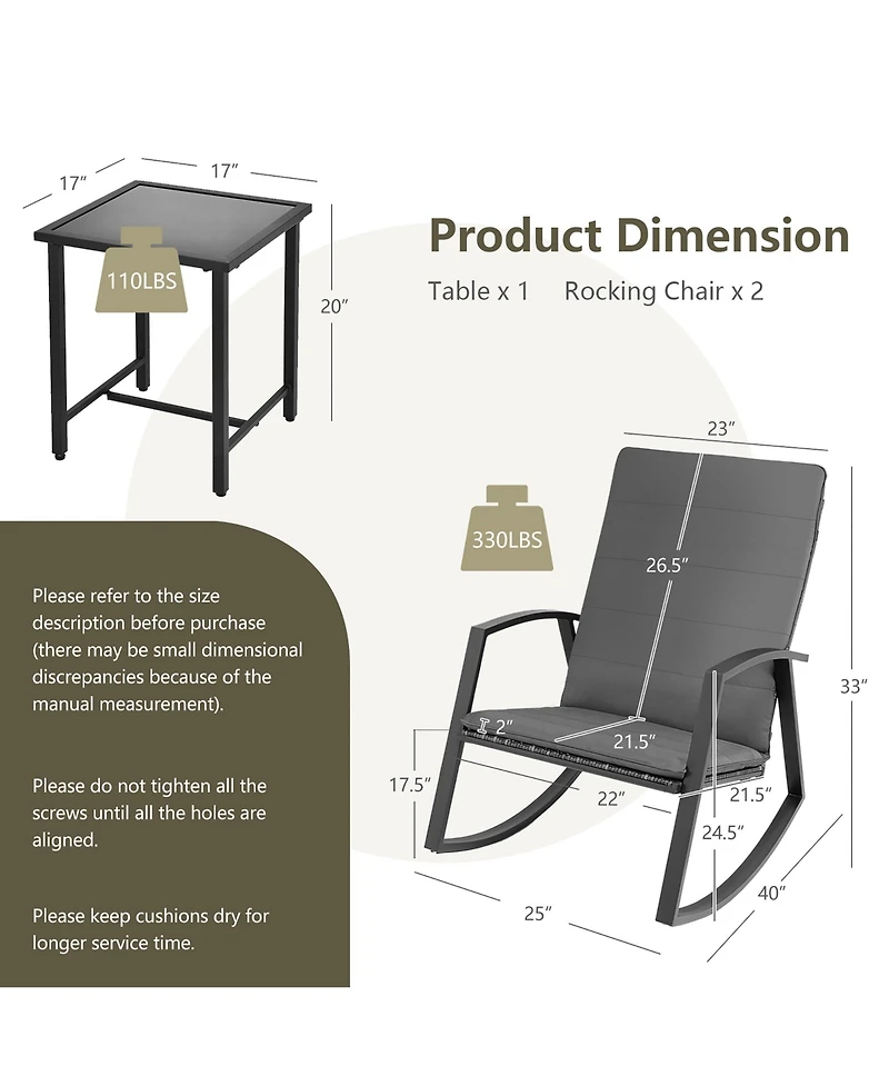 Costway 3 Piece Patio Rattan Rocking Chair Table Furniture Set Yard Cushion