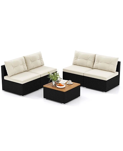 Costway 5 Piece Outdoor Furniture Set with Seat and Back Cushions Acacia Wood Tabletop
