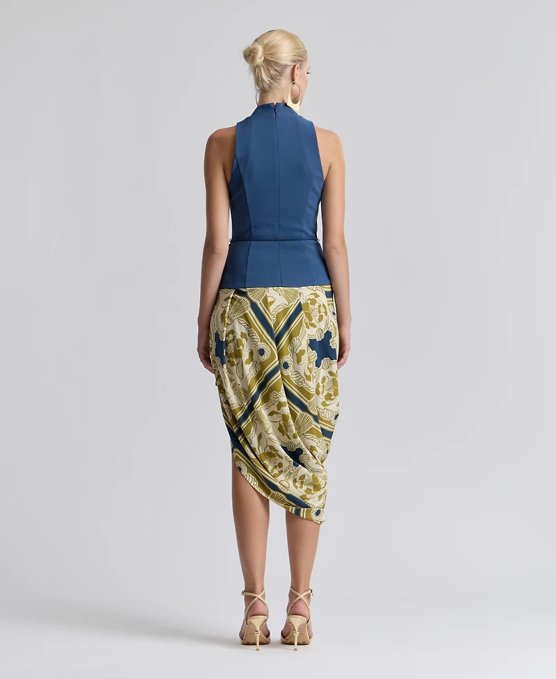Avec Les Filles Women's Sleeveless Belted Mock Neck Asymetric Drape Midi Dress
