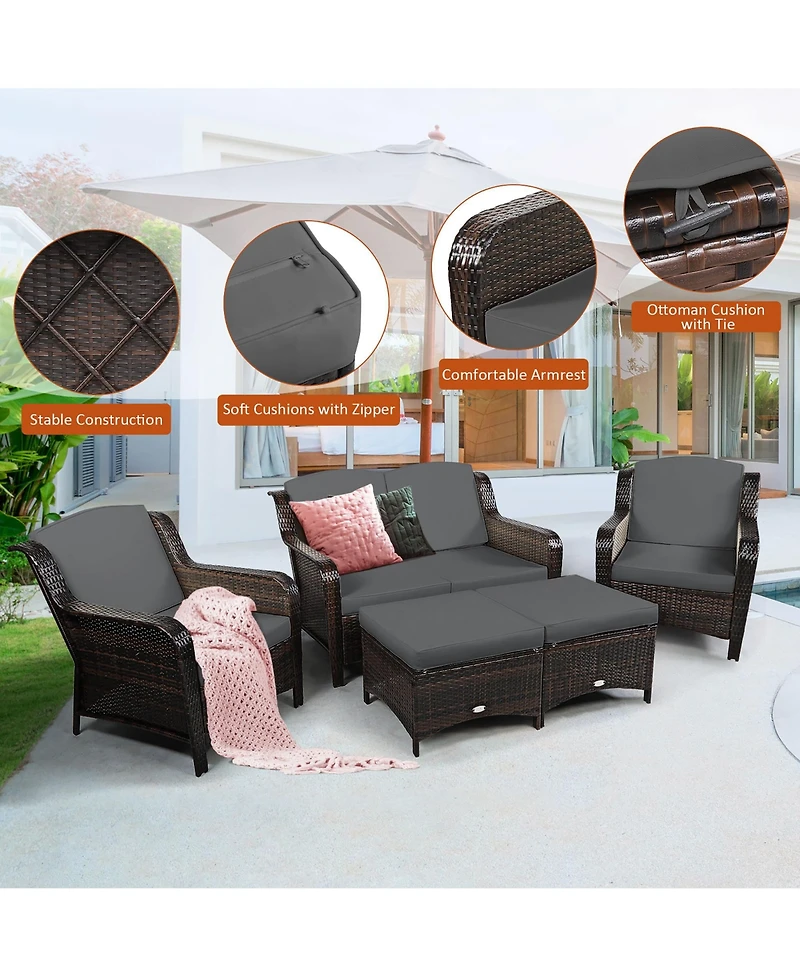 Costway 5 Pieces Patio Furniture Set Outdoor Rattan Conversation Sofa Set with Cushions