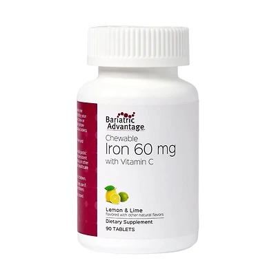 Bariatric Advantage Chewable Iron 60 Milligram with Vitamin C for Absorption and Utilization, Easily Digestible for Gastric Lemon Lime, 90 Count