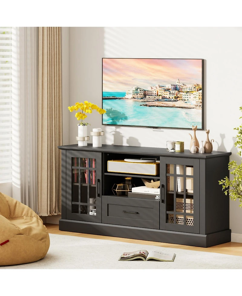 Slickblue Modern Tv Stand with Drawer and Glass Cabinet Doors