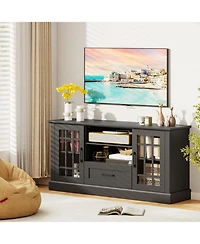 Slickblue Modern Tv Stand with Drawer and Glass Cabinet Doors