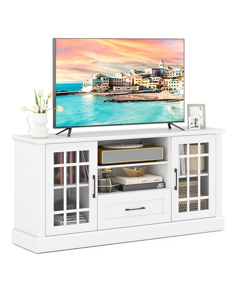 Slickblue Modern Tv Stand with Drawer and Glass Cabinet Doors