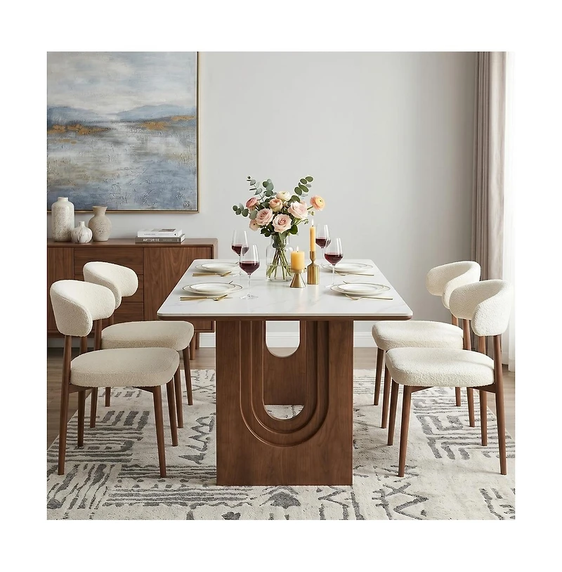 Tribesigns 63'' Sintered Stone Dining Table, Solid Wood Double Pedestal Farmhouse Table Seats 6