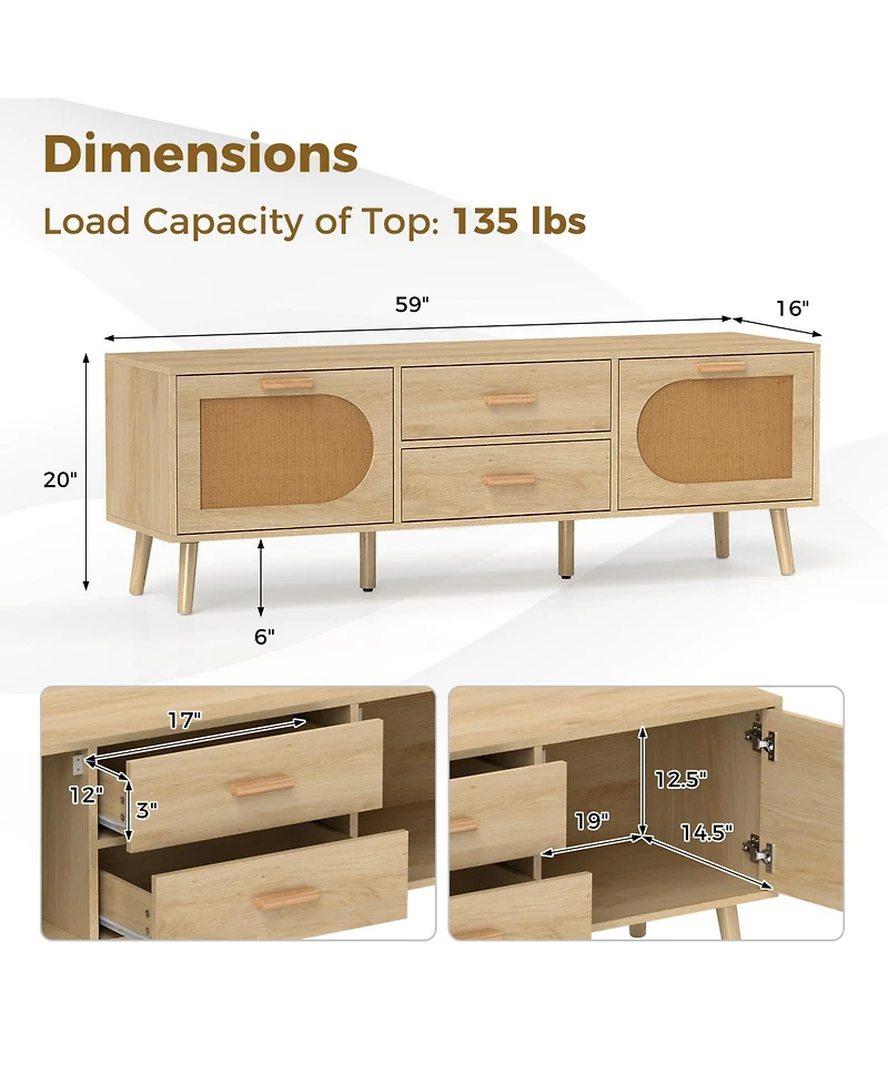 Slickblue Modern Rattan Tv Console for 65 Inch TVs with Storage Drawers