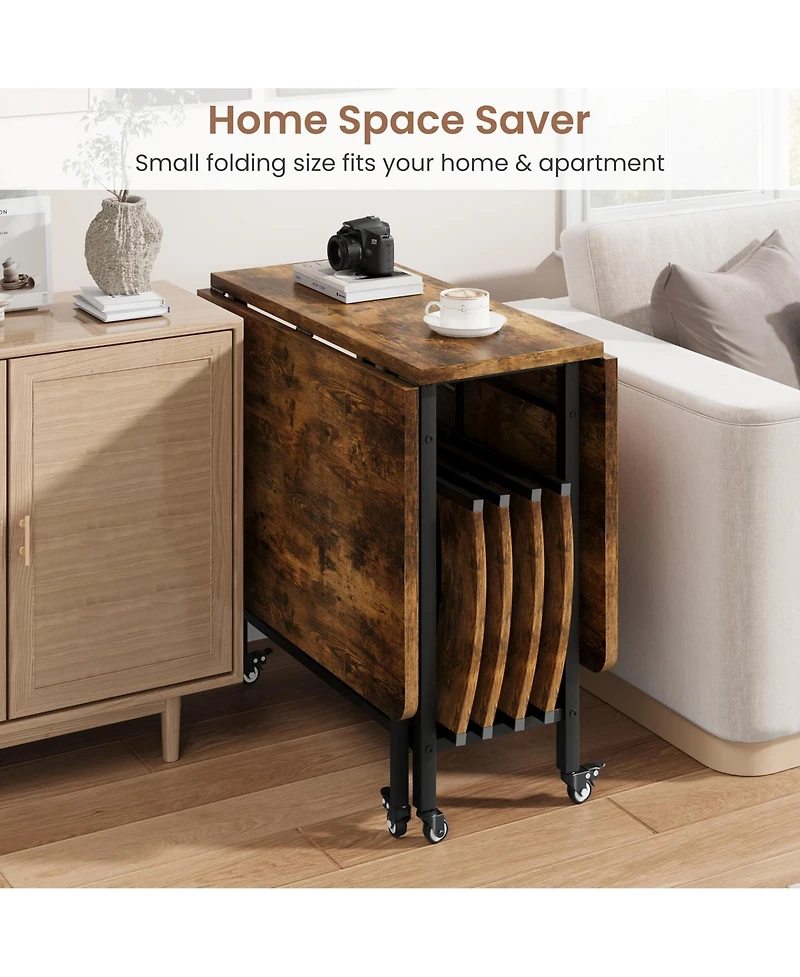homfan Folding Dining Table Set with 4 Chairs - Drop Leaf Kitchen Table, Storage and Lockable Wheels, Space-Saving for Kitchen or Dining Room