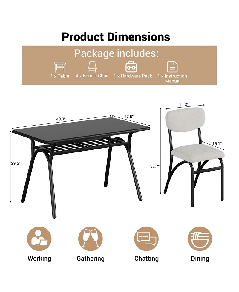 homfan 4-Piece Compact Dining Set, Boucle Upholstered Chairs, Engineered Wood Table with Storage Shelf for Small Home