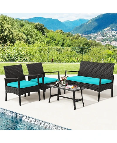 Costway 4Piece Patio Wicker Furniture Set Cushioned Chairs and Loveseat with Coffee Table Garden