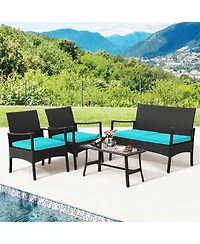 Costway 4Piece Patio Wicker Furniture Set Cushioned Chairs and Loveseat with Coffee Table Garden