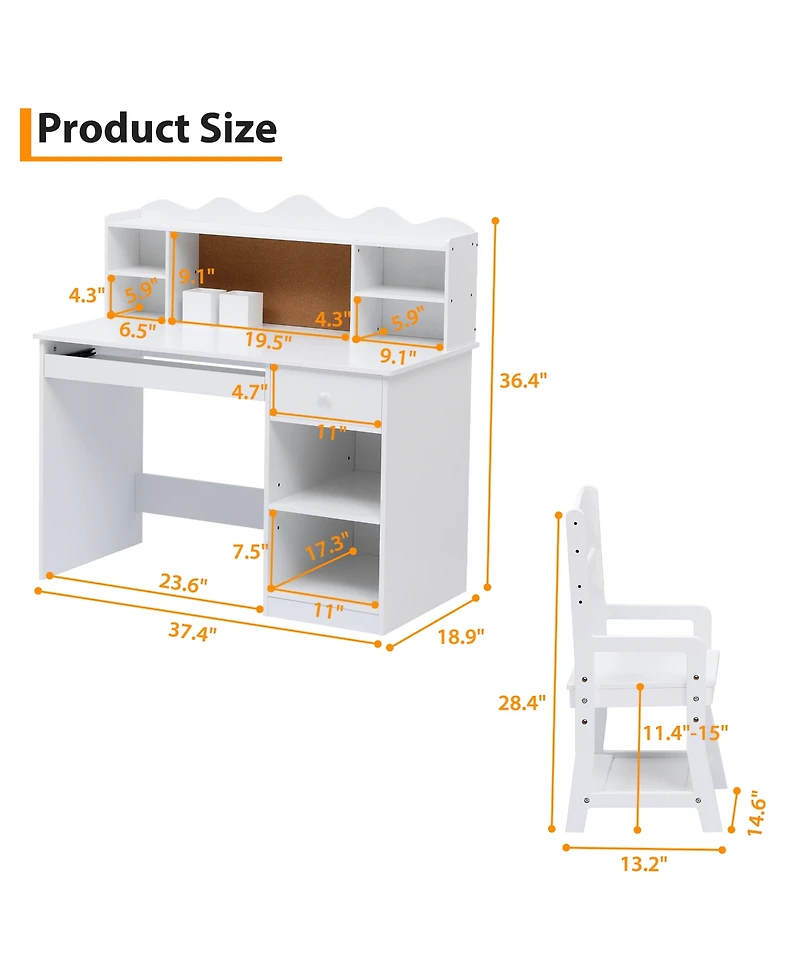 homfan Kids Desk and Chair Set, 37 Inch Wooden Study Table with Storage Shelf and Bulletin Board for Childrens Room