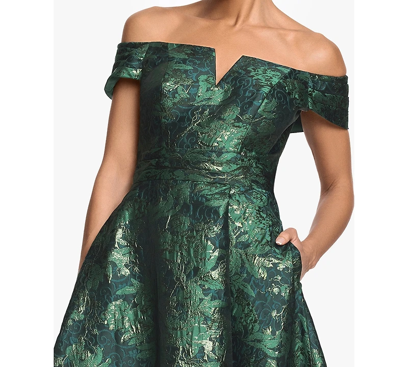 Xscape Women's Off-The-Shoulder Brocade Print Ball Gown