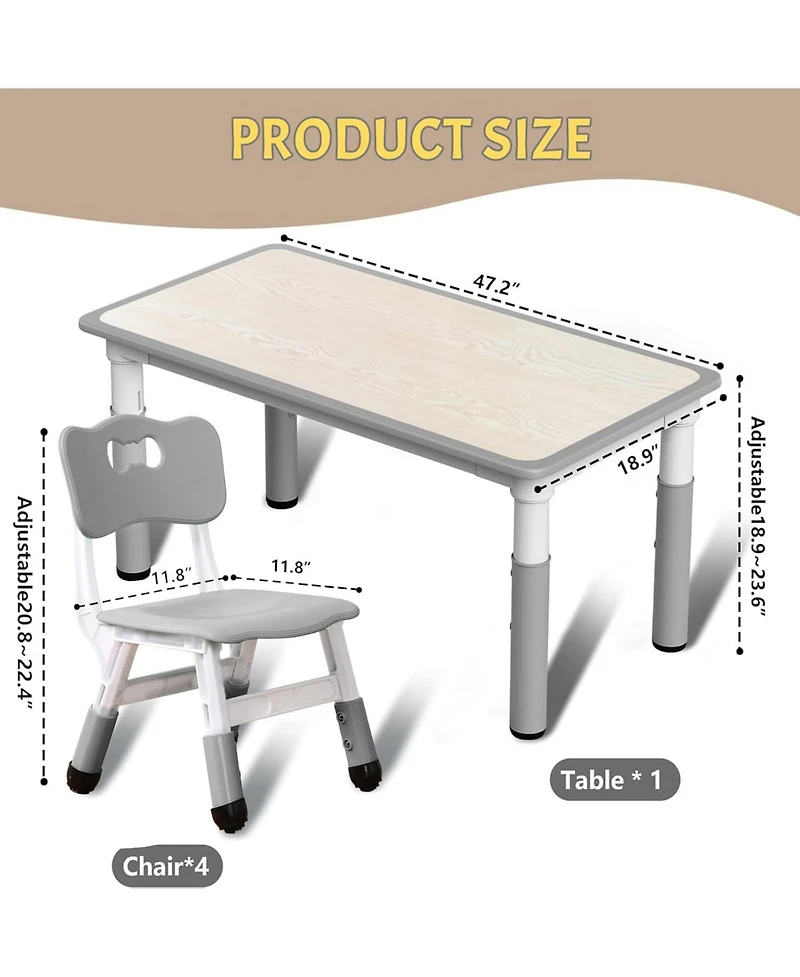 homfan 47 Inch Height Adjustable Kids Table and 6 Chair Set with Non-Slip Legs and Graffiti Desktop