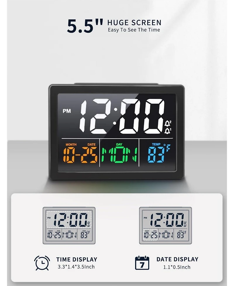 Jall 5.5 Inch Large Led Digital Alarm Clock 6 Brightness Levels 8 Sounds (30 to 85 dB) 9 Minute Snooze Usb Charger Temperature Display Plug