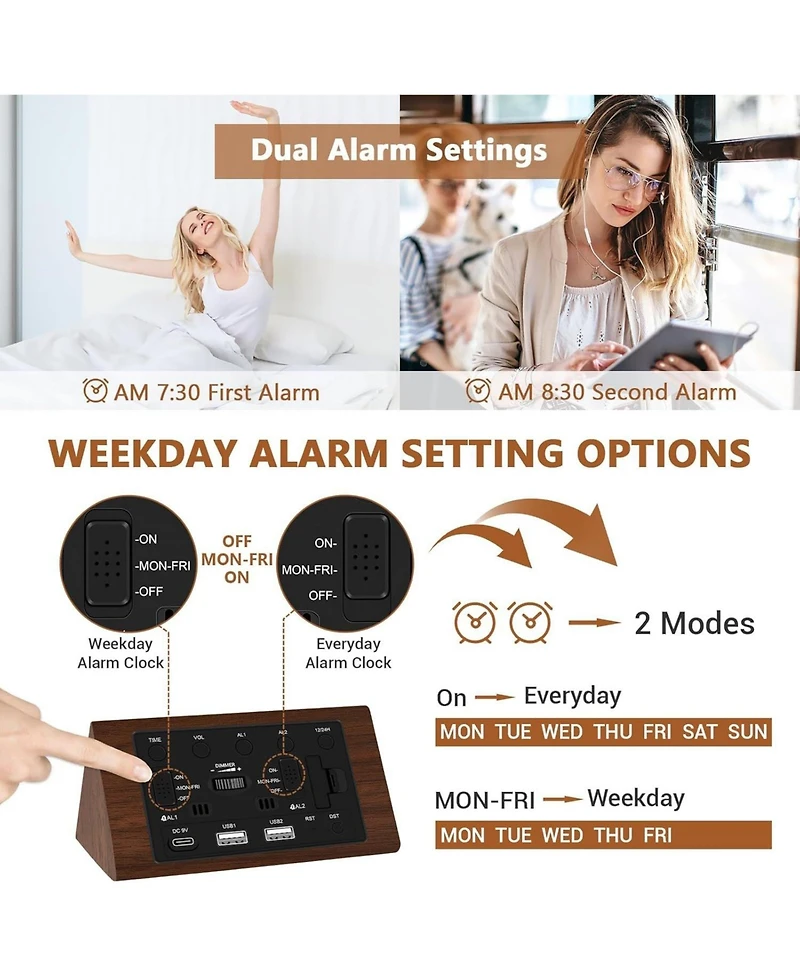 Neewer Wooden Digital Alarm Clock, 0-100% Dimmer, 2 Alarm Settings, Weekday/Everyday Mode, 9 Mins Snooze, 12/24H, Temperature