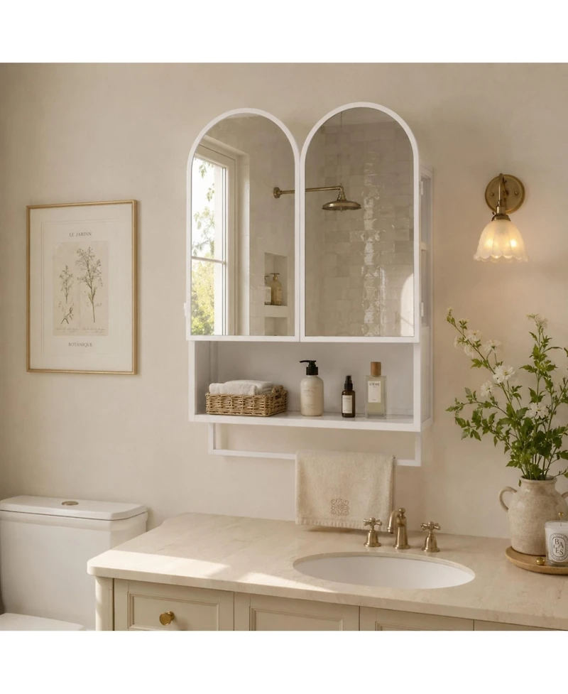 Phying 23.62 Inch Double-Arched Mirror Cabinet Modern 2-Door Metal Medicine Cabinet Wall Mounted Storage Cabinet