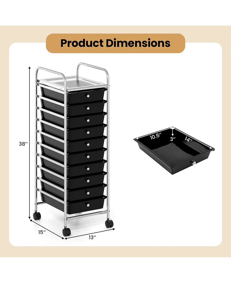 Slickblue Rolling Organizer Cart with 10 Drawers, Metal Frame and Universal Wheels