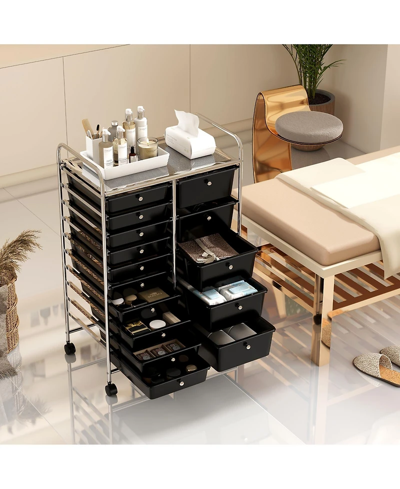 Slickblue 15-Drawer Rolling Organizer Cart with Metal Frame for Craft and Office Storage
