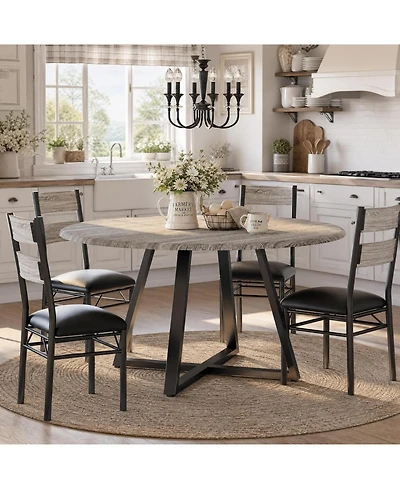 homfan 5-Piece Round Dining Set for 4 Sturdy Wooden Table and 4 Upholstered Chairs, Space-Saving Design for Apartments and Small Dining Rooms