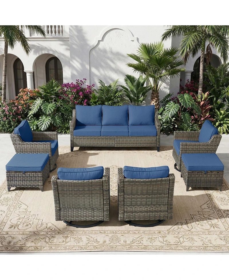 Pocassy Patio Swivel Glider Furniture Set, 7 Pieces Wicker Outdoor Seating Furniture, Patio Conversation Sofa Sets for Lawn Backyard
