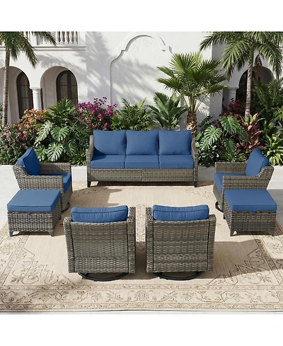 Pocassy Patio Swivel Glider Furniture Set, 7 Pieces Wicker Outdoor Seating Furniture, Patio Conversation Sofa Sets for Lawn Backyard