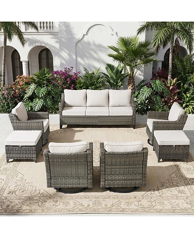 Pocassy Patio Swivel Glider Furniture Set, 7 Pieces Wicker Outdoor Seating Furniture, Conversation Sofa Sets for Lawn Backyard