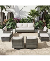 Pocassy Patio Swivel Glider Furniture Set, 7 Pieces Wicker Outdoor Seating Furniture, Conversation Sofa Sets for Lawn Backyard