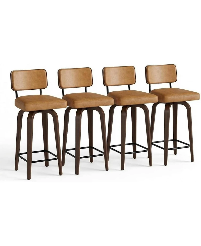homfan Swivel Bar Stools Set of 4, Upholstered Counter Height Bar Stools with Back, Walnut-Finish Legs, Faux Leather for Kitchen Counter