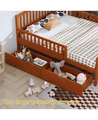 Rainsken Simple Wood Platform Bed with Guardrails on Both Sides and Two Storage Drawers