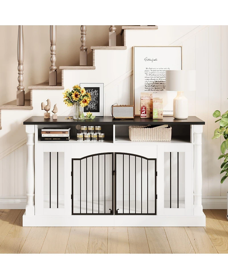 homfan Roman Column 63 Inch Large Dog Crate Furniture for 2 Dogs with Open Storage, Heavy Duty Kennel Entertainment Table Tv Stand.