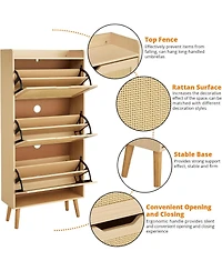 gaomon Narrow 3-Tier Shoe Cabinet with 3 Woven Rattan Flip Drawers