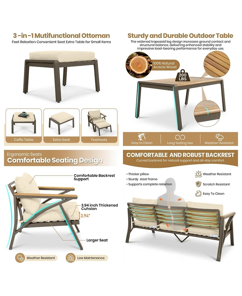 Asagikoiai 6-Piece Outdoor Patio Furniture Set with Acacia Coffee Table and Ottomans