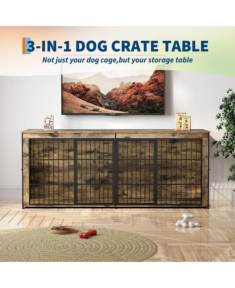 homfan Heavy Duty Wooden Dog House Furniture, Double 3-in-1 Kennel, Multifunctional End Table Tv Stand, Adjustable Feet