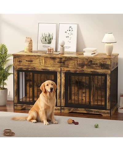 homfan Spacious Dual Dog Crate Furniture for 2 Medium/Large Dogs, Heavy Duty Wooden Indoor Kennel with 3 Drawers, End Table and Tv Stand.