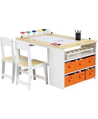 homfan 4-in-1 Kids Art Table and 2 Chairs Set, Wooden Activity Desk with Storage Bins and Art Easel, Drawing and Study Table