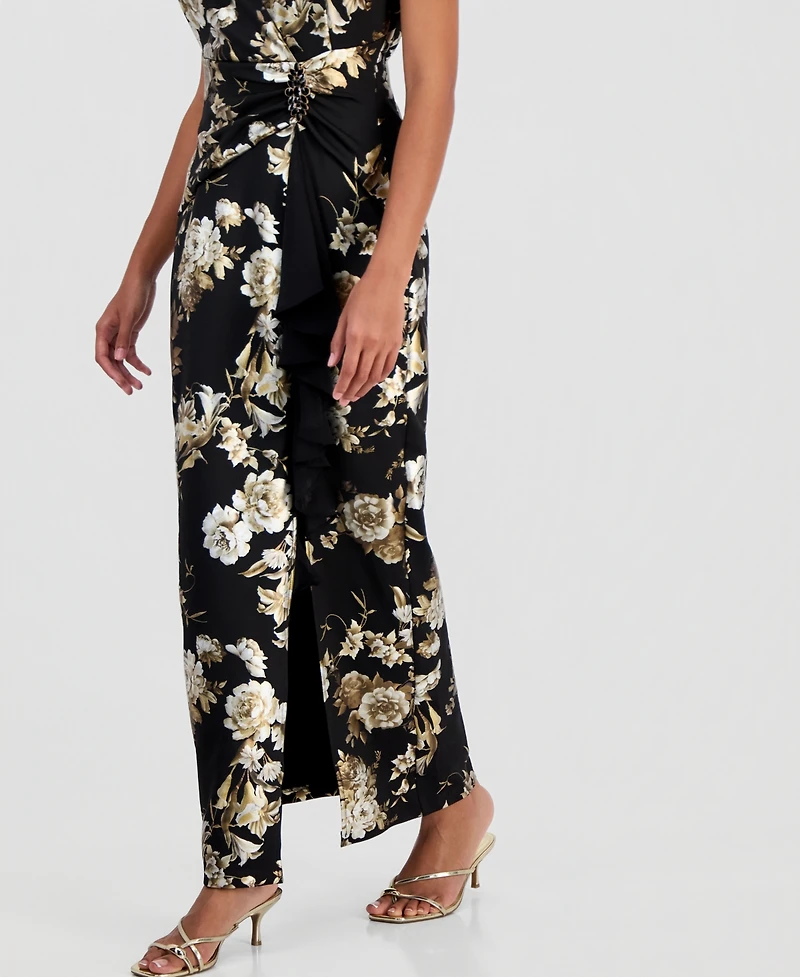 Connected Women's Floral-Print Ruffle V-Neck Dress