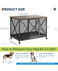 homfan Dog Crate Furniture, 48 Inch Black Indoor Dog Kennel Table with Metal Frame, Potty Tray, and Lockable Wheels for Large, Medium, and Small Dogs
