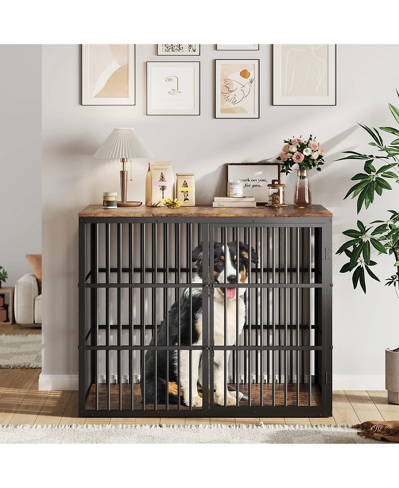homfan Dog Crate Furniture 47 Inch Metal and Wood Indoor Kennel with 3 Lockable Doors for Medium and Large Dogs