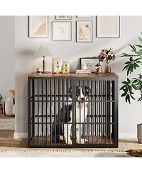 homfan Dog Crate Furniture 47 Inch Metal and Wood Indoor Kennel with 3 Lockable Doors for Medium and Large Dogs