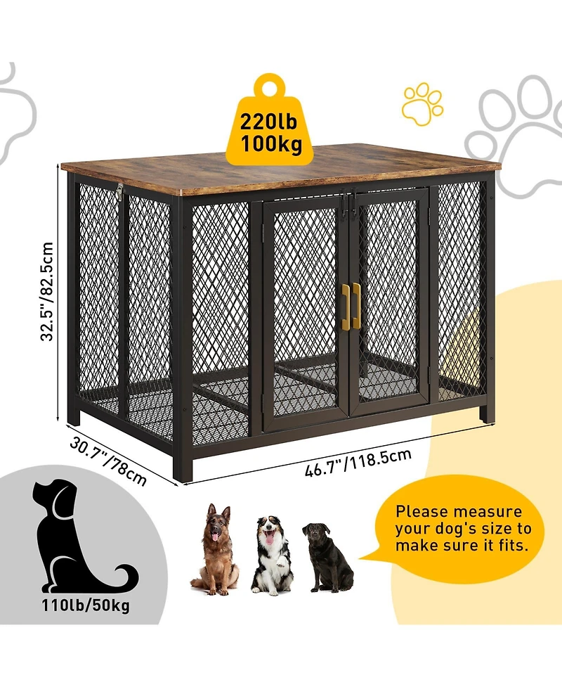 homfan Flip Top Dog Crate Furniture, 47 Inch Heavy Duty Metal Dog Cage End Table with 2 Doors and Latches for Large Medium Small Dogs