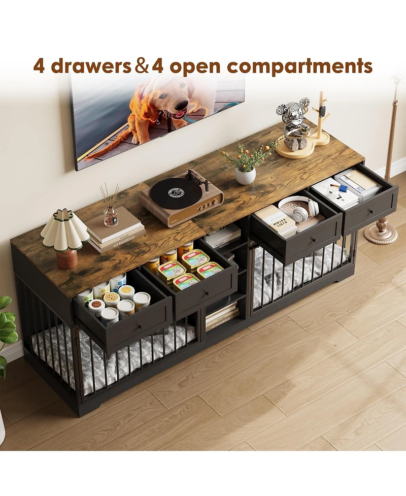 Large Double Dog Crate Furniture, Wooden Indoor Kennel with Divider, 4 Drawers and Shelves for Two Medium or Dogs