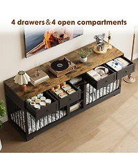 Large Double Dog Crate Furniture, Wooden Indoor Kennel with Divider, 4 Drawers and Shelves for Two Medium or Dogs