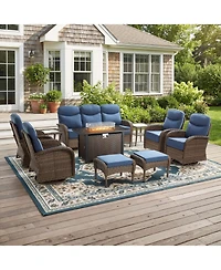 Pocassy Patio Furniture Set with 6-Inch Thick Cushions, Outdoor Couch and Swivel Rocker Chairs, Wicker Conversation for Porch Deck