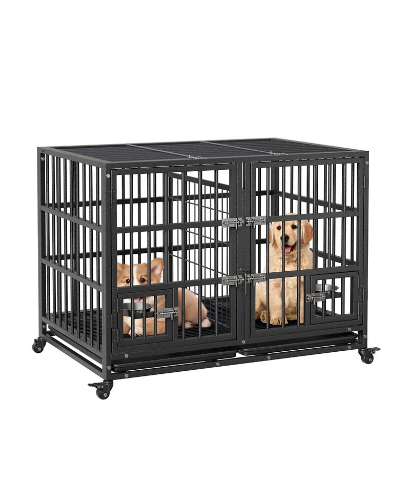 homfan Dog Crate Heavy Duty Metal Dog Cage with Flexible Divider 2 Doors 2 Feeding Bowls, and Removable Tray for Small Medium Large Pets