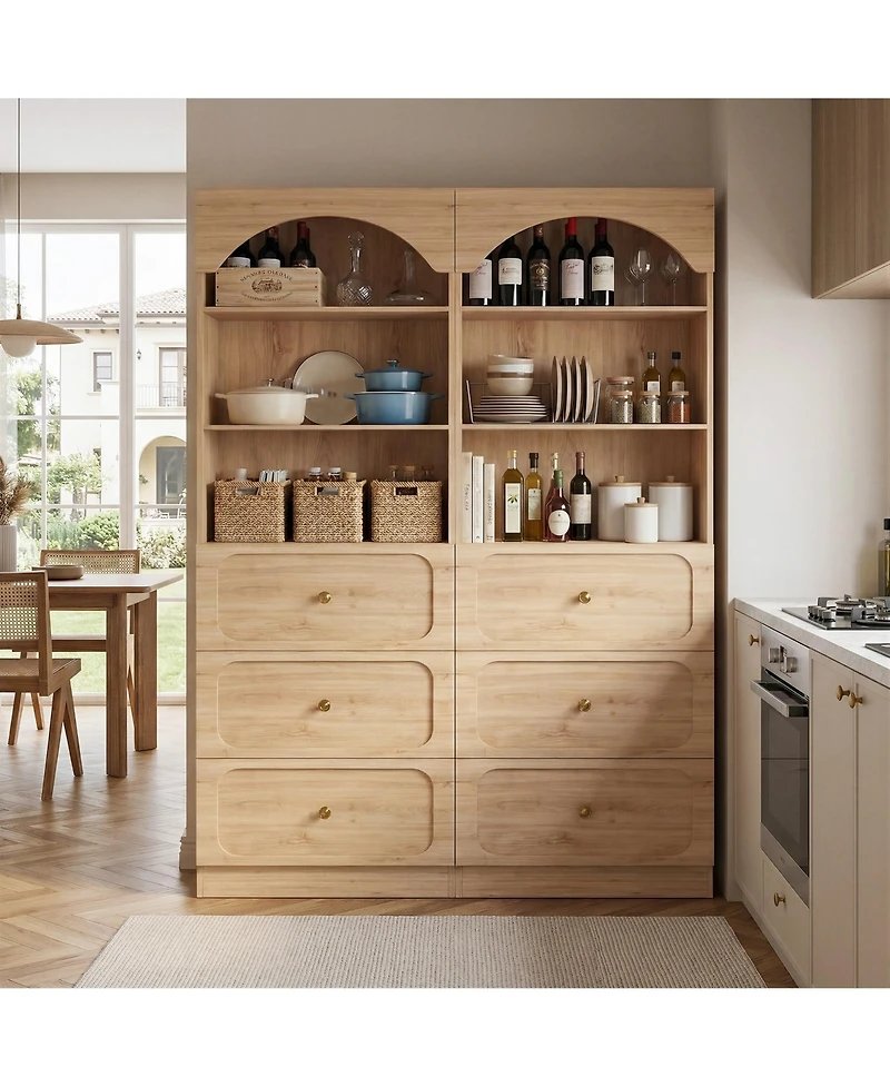 Aheaplus 2Piece Wooden Pantry Storage Cabinets with 3-Tier Open Shelves