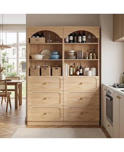 Aheaplus 2Piece Wooden Pantry Storage Cabinets with 3-Tier Open Shelves