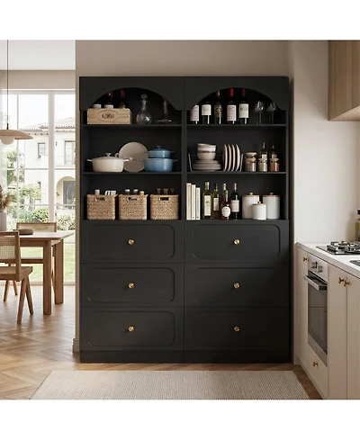 Aheaplus 2Piece Wooden Pantry Storage Cabinets with 3-Tier Open Shelves