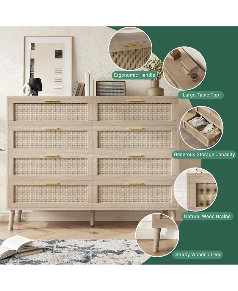 gaomon 8 Drawer Rattan Dresser with 5 Legs, Farmhouse Wood Chest for Bedroom