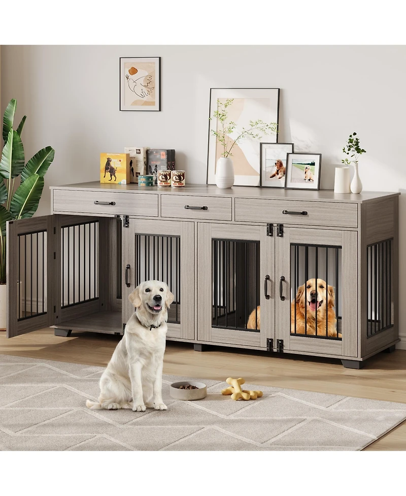gaomon 71" Large Wooden Dog Crate Tv Stand for 2 Dogs, Indoor Furniture-Style Heavy Duty Kennel with Storage Drawers