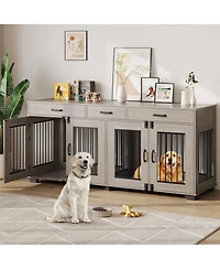 gaomon 71" Large Wooden Dog Crate Tv Stand for 2 Dogs, Indoor Furniture-Style Heavy Duty Kennel with Storage Drawers